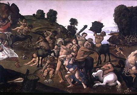 The Fight Between the Lapiths and the Centaurs, (detail of Centaurs attacking the Lapiths) c.1490's à Piero di Cosimo