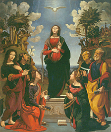 Mariae unbefleckte Empfängnis  umgeben von sechs Heiligen à Piero di Cosimo