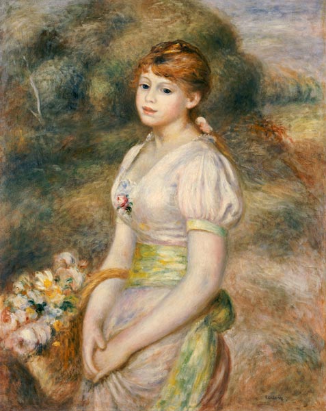 Young Girl With A Basket Of Flowers à Pierre-Auguste Renoir