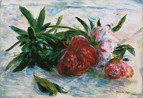 paons sur le chiffon de table blanc à Pierre-Auguste Renoir
