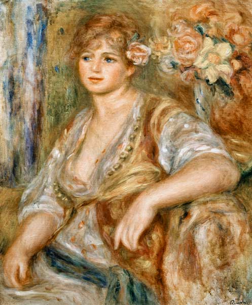 Femme blonde avec la rose dans les cheveux à Pierre-Auguste Renoir