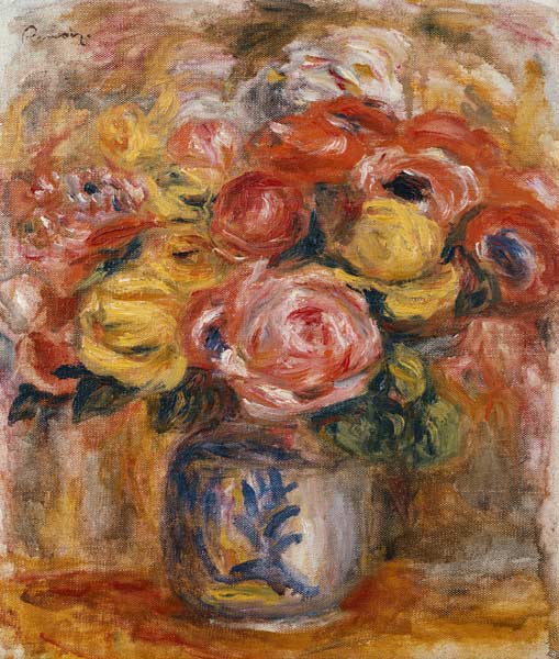 Blumenstrauß in einer blau-weißen Vase à Pierre-Auguste Renoir