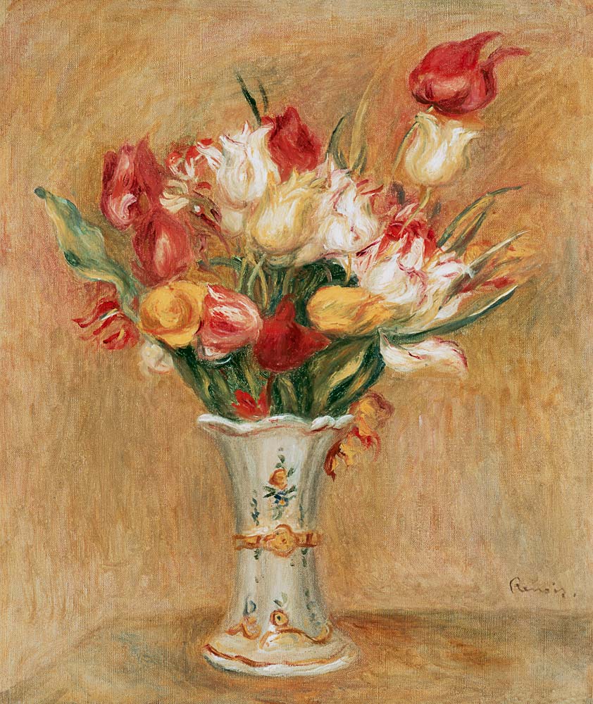Bouquet de tulipes dans vase blanc à Pierre-Auguste Renoir