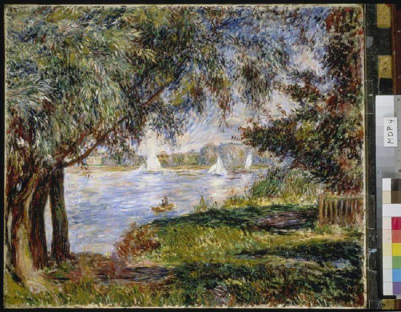 Vue au travers des arbres sur des voiliers à Bougival à Pierre-Auguste Renoir