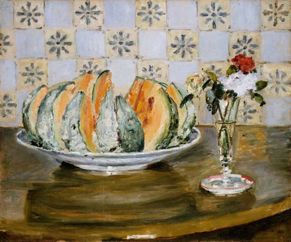 Still Life Of a Melon And A vase of Flowers à Pierre-Auguste Renoir