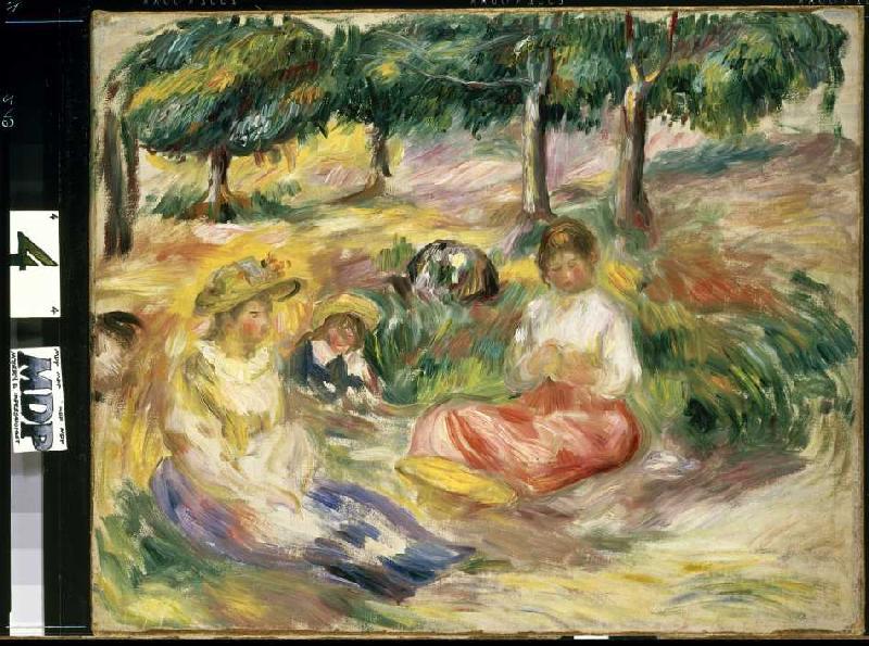 Trois jeunes femmes dans la verdure à Pierre-Auguste Renoir