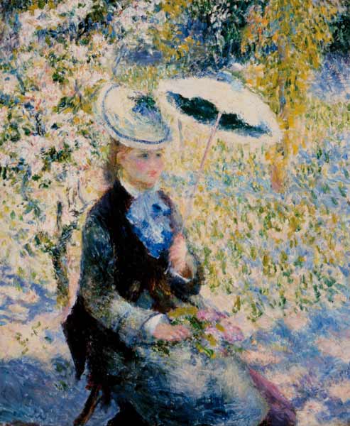 Femme avec ombrelle entre floraisons à Pierre-Auguste Renoir