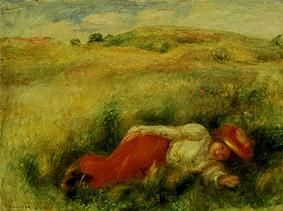 Jeune femme, allongé dans un pré vert. à Pierre-Auguste Renoir