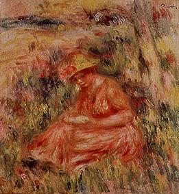Jeune femme avec le chapeau dans un paysage rougeâtre. à Pierre-Auguste Renoir