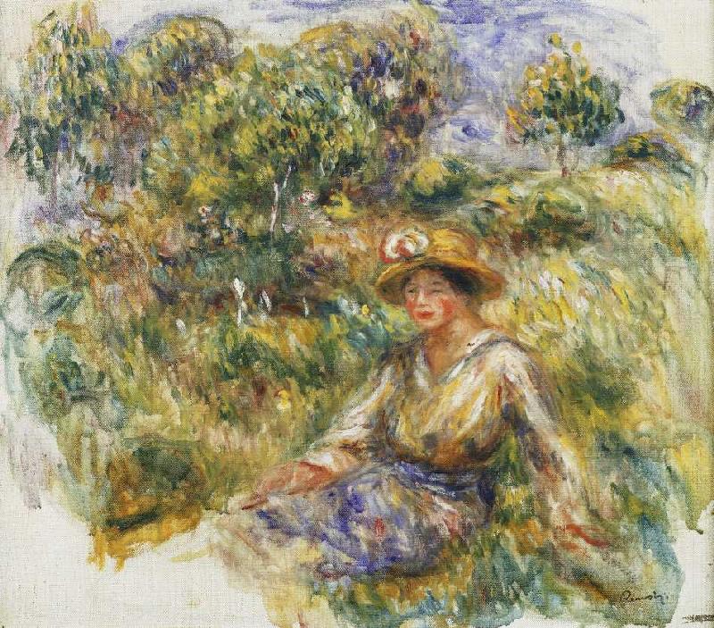 Frau mit blauem Hut auf einer Wiese (Femme en bleu en chapeau assise sur l'herbe) à Pierre-Auguste Renoir