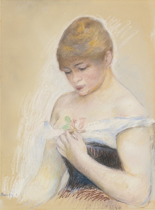 Young Woman Holding A Flower. Portrait of the actress Jeanne Samary à Pierre-Auguste Renoir