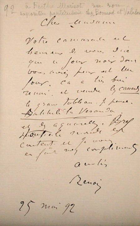 Letter from Renoir to Berthe Morisot (1841-95) regarding her first exhibition à Pierre-Auguste Renoir