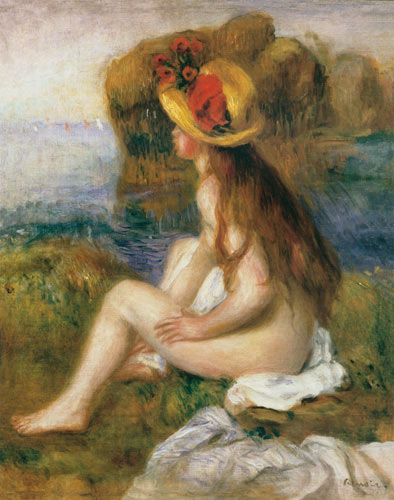 Seated female bather in a straw hat à Pierre-Auguste Renoir