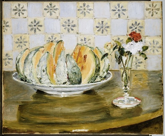 Still life of a melon and a vase of flowers, c.1872 à Pierre-Auguste Renoir