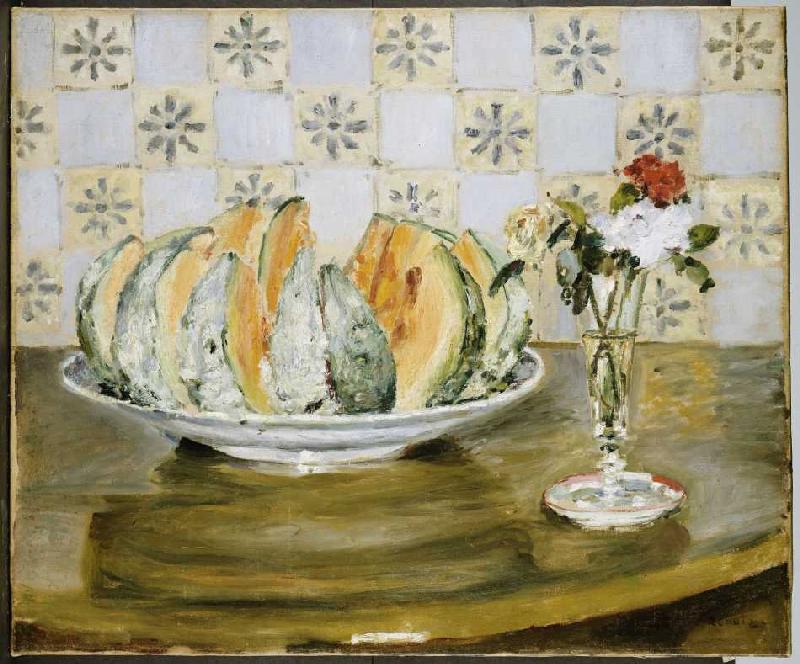Stillleben mit Melone und einer Vase mit Blumen à Pierre-Auguste Renoir