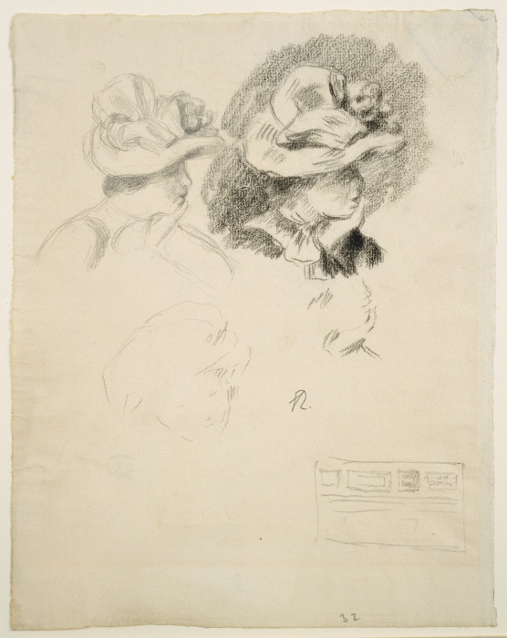Studienblatt: Frau mit Hut und Skizze einer Bilderwand à Pierre-Auguste Renoir