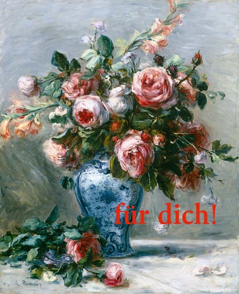 Vase mit Rosen mit Worten à Pierre-Auguste Renoir