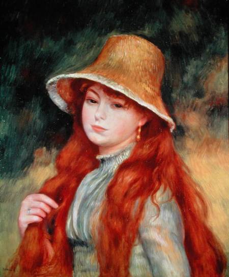 Young girl with long hair, or Young girl in a straw hat à Pierre-Auguste Renoir