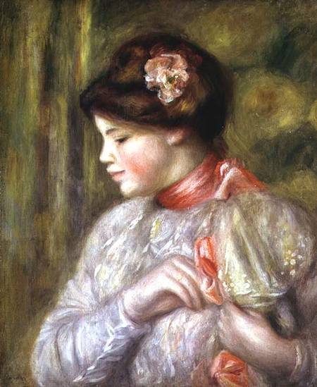 Young woman adjusting her blouse à Pierre-Auguste Renoir