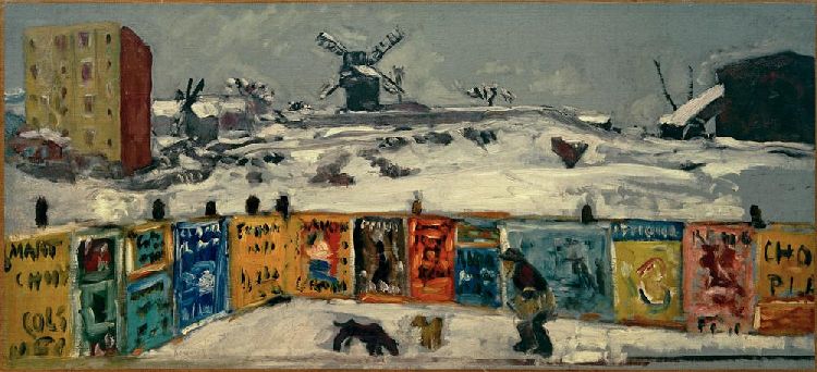 Bauzaun, mit Plakaten beklebt, und die alten Mühlen am Montmartre im Schnee à Pierre Bonnard