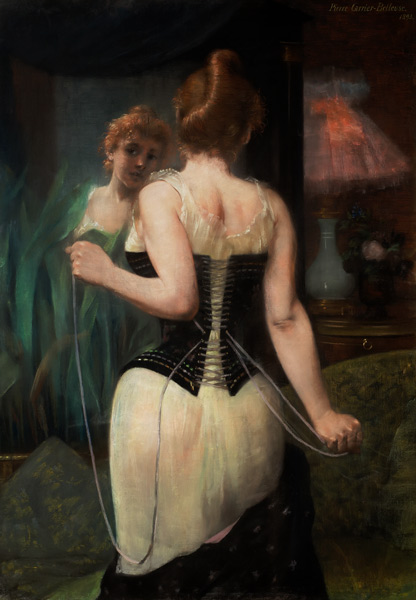 Young Woman Adjusting Her Corset à Pierre Carrière-Belleuse