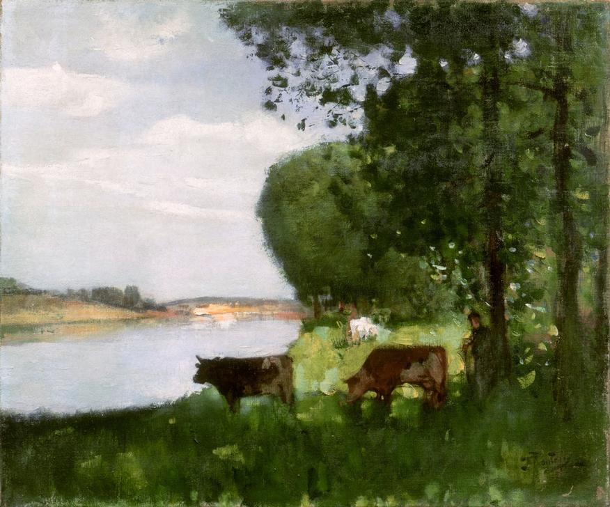Herd of Cows by the River à Pierre-Eugène Montézin