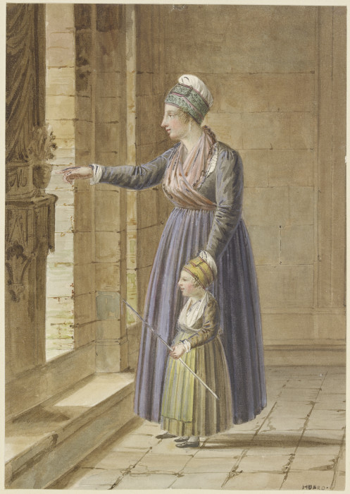 Junge Frau mit ihrer Tochter in provençalischer Tracht an einem Kirchenfenster à Pierre Huard