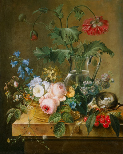 Roses, anémones dans le vase en verre, d'autres fleurs, Cerises et nid des oiseaux. à Pierre Joseph Redouté
