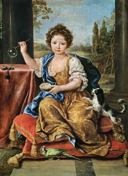 Marie-Anne de Bourbon (1666-1739) Mademoiselle de Blois, soufflant des bulles de savon à Pierre Mignard