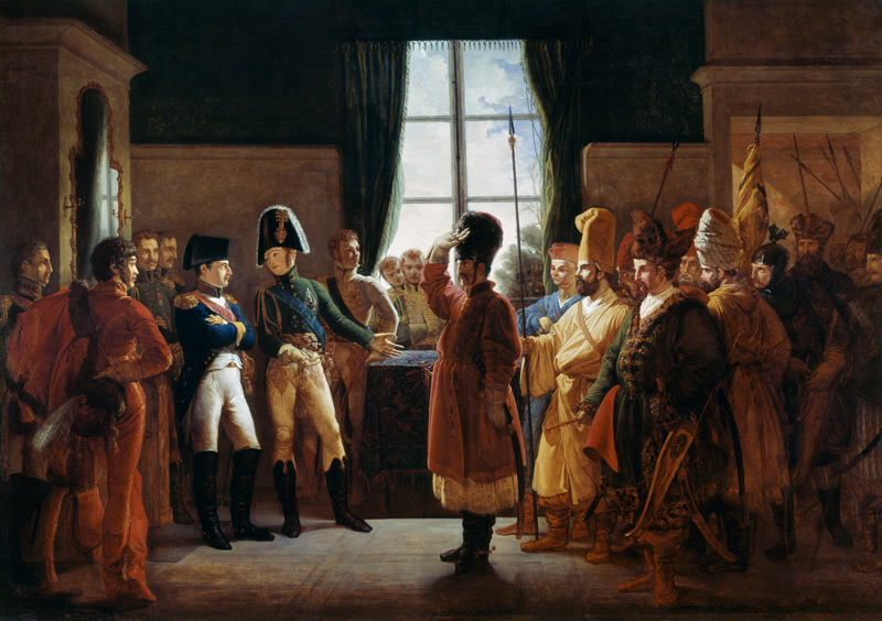 Tsar Alexander I presenting the Kalmyks, Cossacks and Bashkirs of Russian army to Napoleon I, Tilsit à Pierre-Nolasque Bergeret