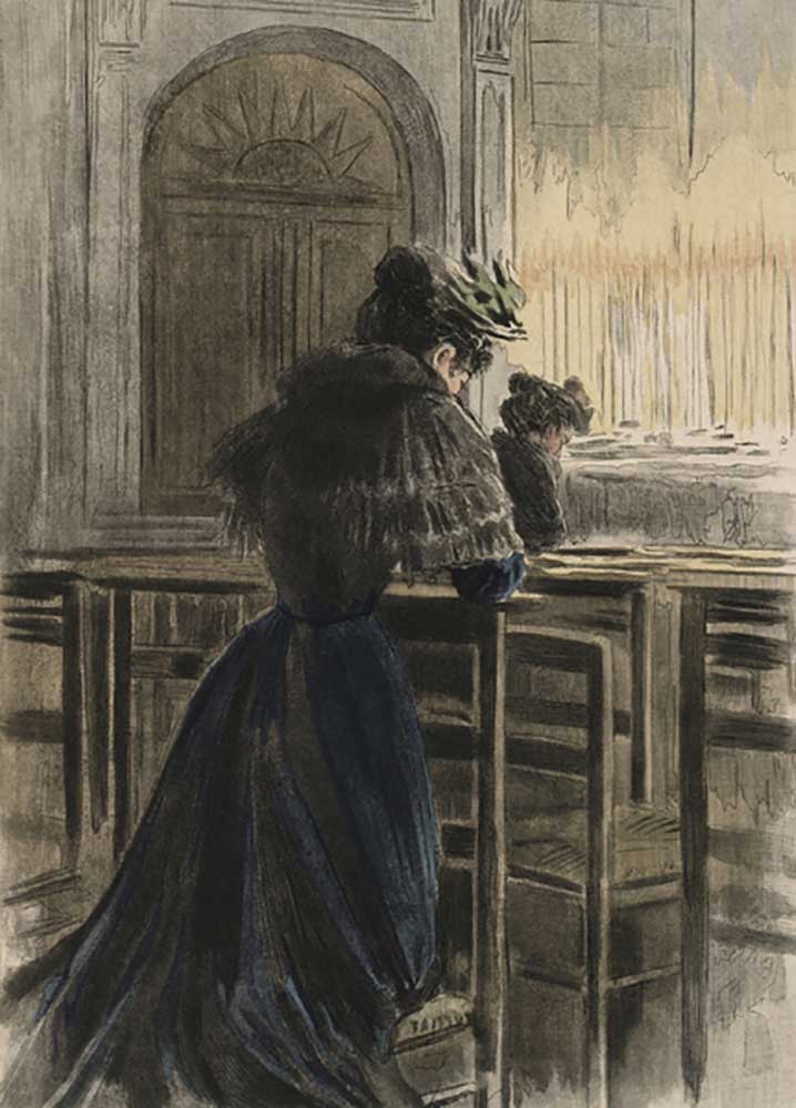 Devotions at church, illustration from La Femme a Paris by Octave Uzanne (1851-1931) 1894 à Pierre Vidal