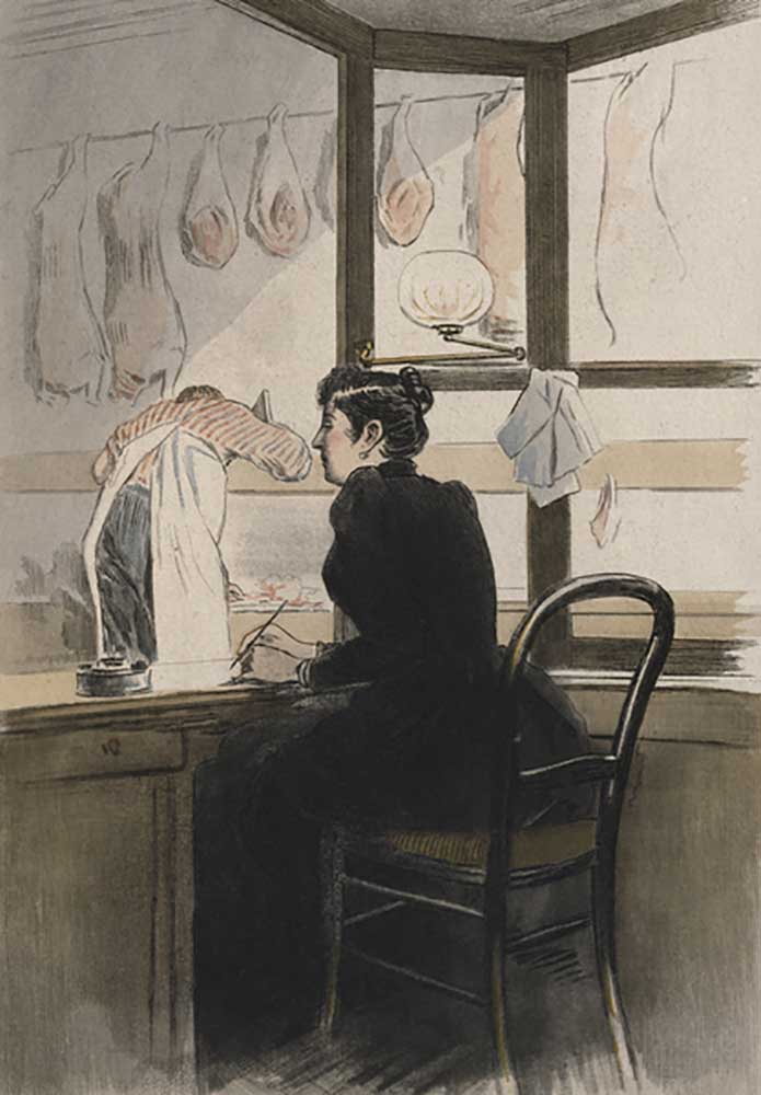 The cashier at the butchers, illustration from La Femme a Paris by Octave Uzanne (1851-1931) 1894 à Pierre Vidal