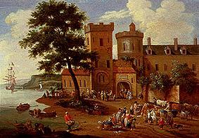 Paysage adevant un petit château avec une scène de pêcheur à Pieter Bout