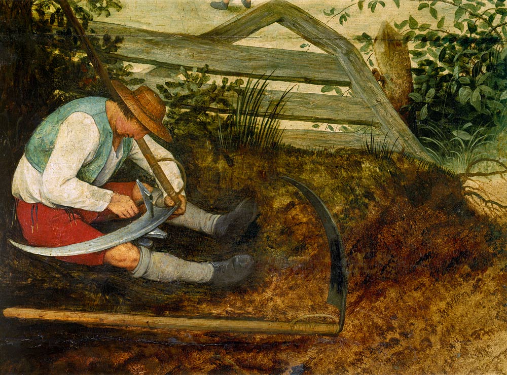 Bauer beim Dengeln seiner Sense à Pieter Brueghel l'Ancien