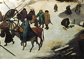 Le recensement à des Bethlehem. Détail vers le bas milieu (sur un âne la femme montant) à Pieter Brueghel l'Ancien