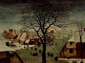 Le recensement à des Bethlehem. Détail en haut à gauche (couronne d'arbre et le soleil rouge) à Pieter Brueghel l'Ancien