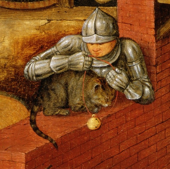 Knight putting a bell on a cat, detail from ''The Flemish Proverbs'' (detail of 67235) à Pieter Brueghel le Jeune