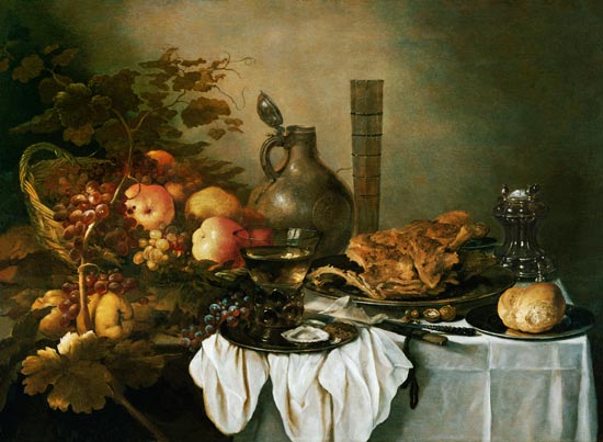 A Still Life With A Roemer, Oysters, A Roll And Meat On Pewter Plates, Fruit In And Around A Basket, à Pieter Claesz