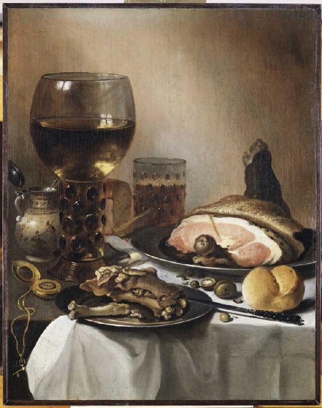 Stillleben mit einem Römer, Schinken, Fleisch und einer goldenen Taschenuhr à Pieter Claesz