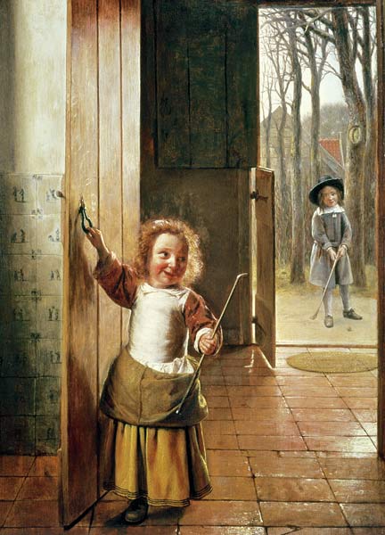 Children in a Doorway with 'Colf' Sticks à Pieter de Hooch