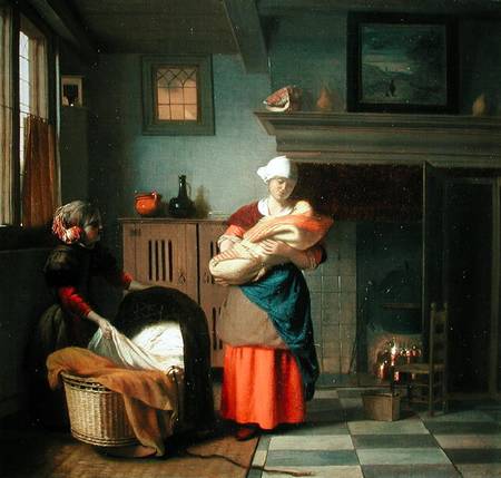 Nursemaid with baby in an interior and a young girl preparing the cradle à Pieter de Hooch
