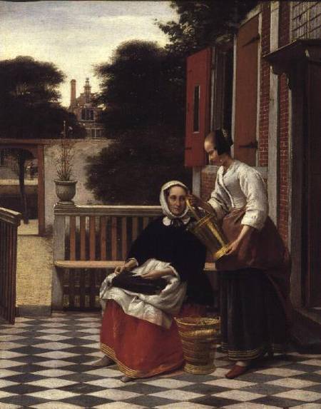 Woman and Maid with a pail in a courtyard à Pieter de Hooch