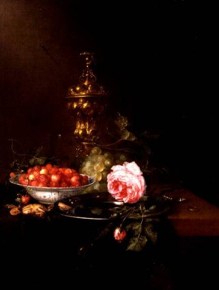 Still Life with a Bowl of Strawberries and a Rose à Pieter de Ring