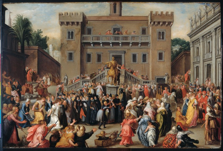 The inertia of the Roman women at the Capitol in Rome after the occurrence of the small Papirius à Pieter Isaacsz