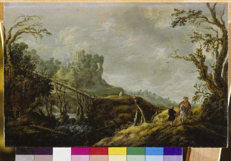 Flusslandschaft mit Holzbrücke und Ruine à Pieter Jansz. van Asch