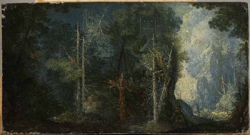 Waldlandschaft mit Einsiedlerklause. à Pieter Stevens