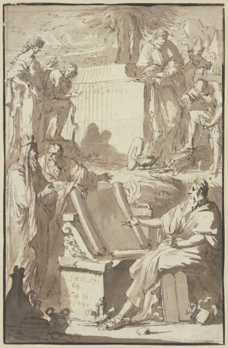 Titelblatt, oben das Motiv der arkadischen Hirten Poussins, unten rechts Mose à Pieter Tanjé