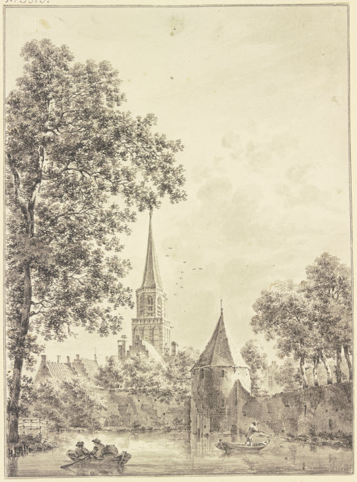 Wassergraben an der Stadtmauer mit einem runden Turm, hinten die Kirche, auf demselben zwei Kähne à Pieter van Liender