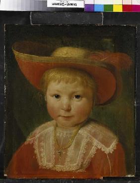 portrait d'un garçon avec le chapeau de paille à plume rouge