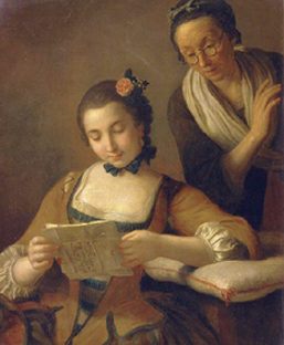 Junge und alte Frau beim Lesen eines Briefes. à Pietro Antonio Conte Rotari